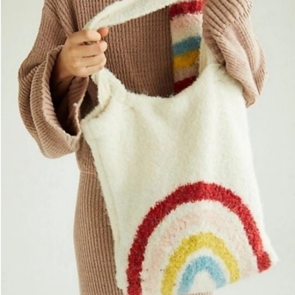 Free People Handbags - Free People Rainbow Fuzzy Tote Bag Cream Wool Blend Boho Shoulder Bag